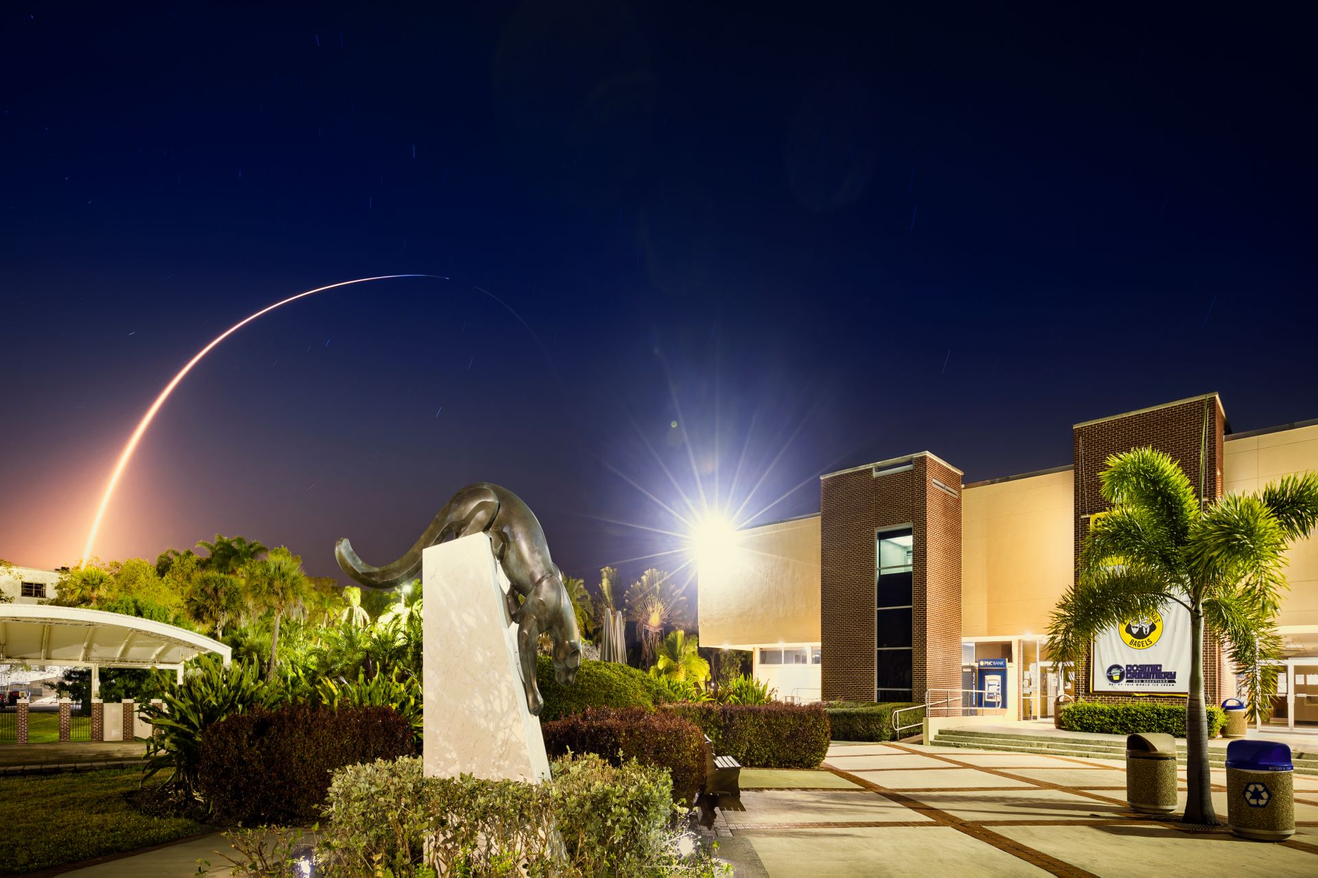 A nighttime view of Panther Plaza at Florida Tech, featuring a bronze panther statue in the foreground with a bright rocket launch trail arching across the clear night sky in the background